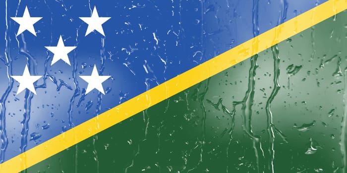 3D Flag of Solomon Islands on a glass with water drop background.