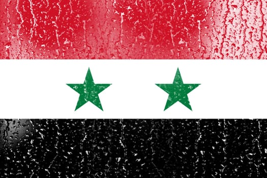 3D Flag of Syria on a glass with water drop background.