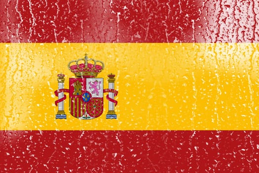 3D Flag of Spain on a glass with water drop background.