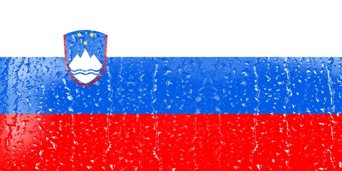 3D Flag of Slovenia on a glass with water drop background.