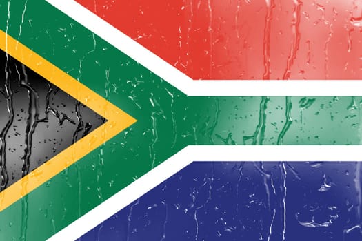 3D Flag of South Africa on a glass with water drop background.
