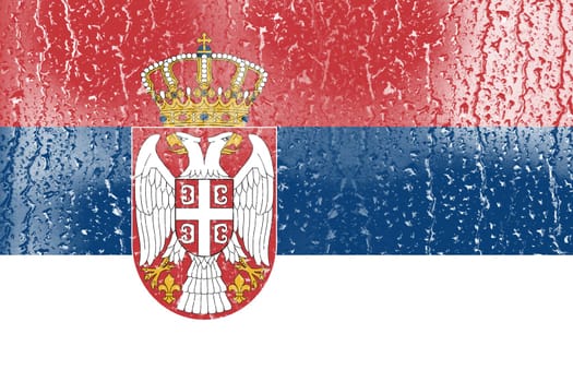 3D Flag of Serbia on a glass with water drop background.
