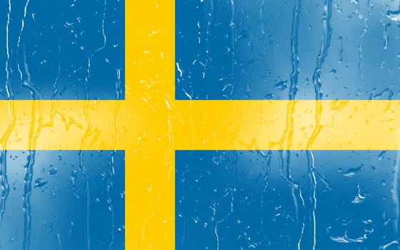 3D Flag of Sweden on a glass with water drop background.