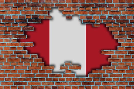 3D Flag of Peru behind the broken old stone wall background.