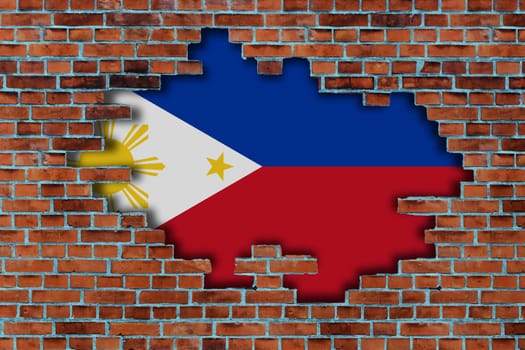 3D Flag of Philippines behind the broken old stone wall background.