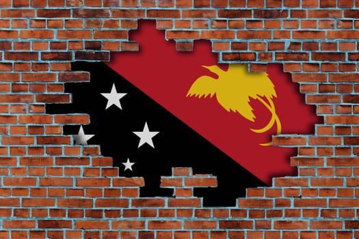 3D Flag of Papua New Guinea behind the broken old stone wall background.