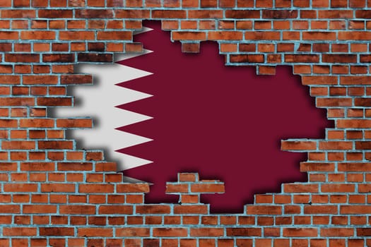 3D Flag of Qatar behind the broken old stone wall background.