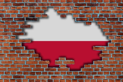 3D Flag of Poland behind the broken old stone wall background.