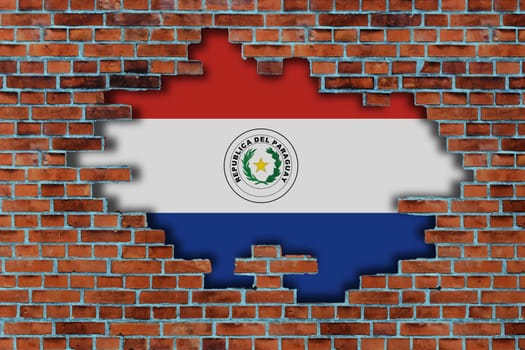 3D Flag of Paraguay behind the broken old stone wall background.