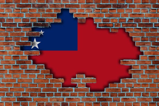 3D Flag of Samoa behind the broken old stone wall background.
