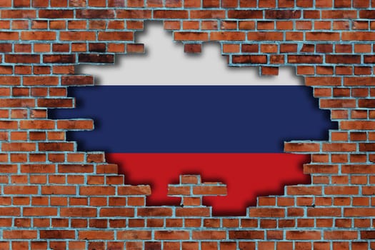 3D Flag of Russia behind the broken old stone wall background.