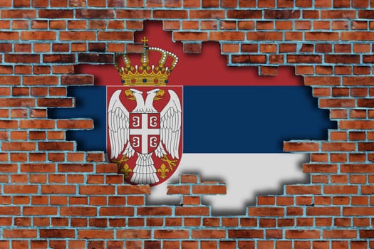 3D Flag of Serbia behind the broken old stone wall background.