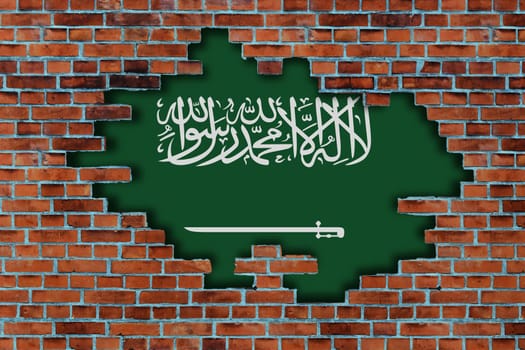 3D Flag of Saudi Arabia behind the broken old stone wall background.