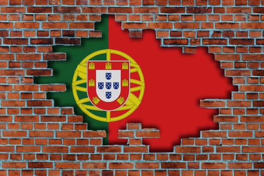 3D Flag of Portugal behind the broken old stone wall background.