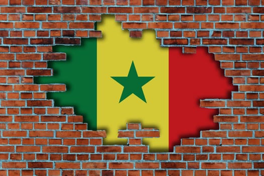 3D Flag of Senegal behind the broken old stone wall background.