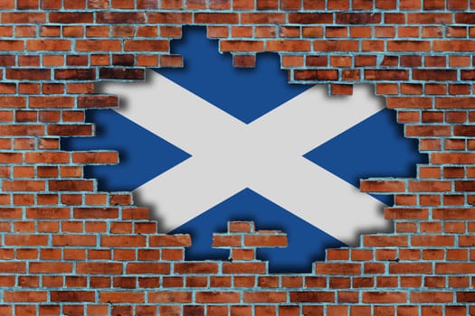 3D Flag of Scotland behind the broken old stone wall background.