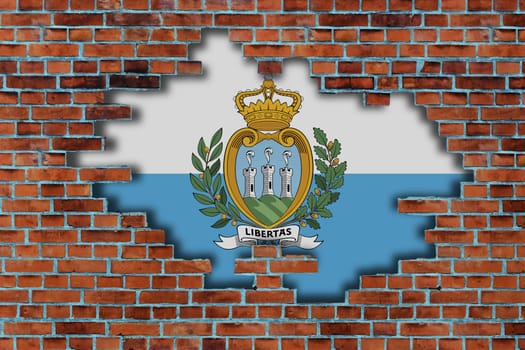 3D Flag of San Marino behind the broken old stone wall background.