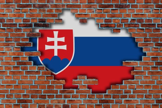 3D Flag of Slovakia behind the broken old stone wall background.
