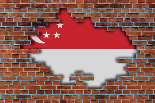 3D Flag of Singapore behind the broken old stone wall background.