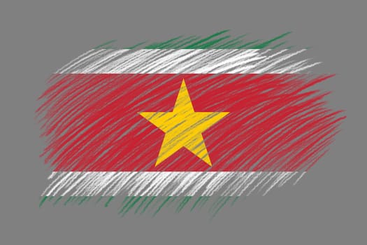 3D Flag of Suriname on vintage style brush background.