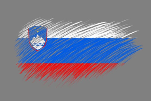 3D Flag of Slovenia on vintage style brush background.