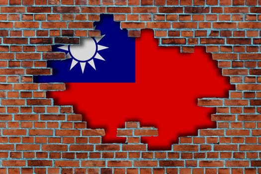 3D Flag of Republic of China behind the broken old stone wall background.