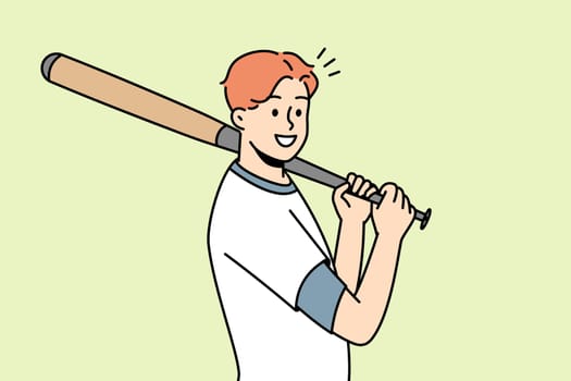 Smiling young male sportsman with baseball bat playing game on field. Happy athlete in uniform. Vector illustration.