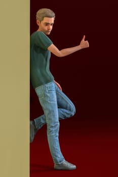 young man thumb up full length standing accosted on wall everything is ok cool attitude 3D illustration
