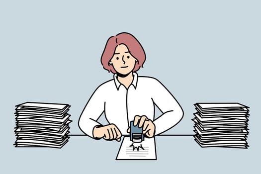 Woman sit at desk stamping documents. Female employee busy with paperwork at workplace. Office job concept. Vector illustration.