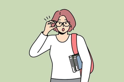 Woman wondering about something, touching her glasses. Lady with shoulder bag, books is surprised to see unusual thing. Teacher, lecturer shocked. Vector contour line coloured illustration.