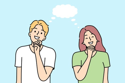 Girl, boy smile, think about something nice together. Empty speech bubble. Young couple dreaming. Positive imagination, fantasy, fancy ideas, cloud-castle, goal. Vector outline colored illustration.