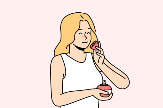 Smiling young woman smelling perfume. Happy girl with bottle enjoy good smell. Aromatherapy and beauty concept. Vector illustration.