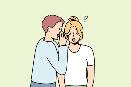 Young man whisper secret to stunned woman ear. Male tell secret hidden information to astonished female. Secrecy and gossip. Vector illustration.