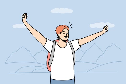 Happy young man with backpack stand on mountain peak with arms raised. Smiling guy feel excited with travel or nature tourism. Vector illustration.