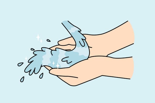 Close-up of person hands with clean water. Man or woman palms washing under clear tap or stream water. Vector illustration. . Vector illustration