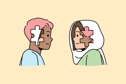 Multicultural woman, man trying to understand to each other. Multiracial guy, girl have different mentality, habits, lifestyle, values, education. Awareness, diversity. Vector outline illustration.