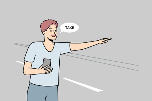 Smiling young man with cellphone in hands catch taxi with hand gesture on road. Happy guy with smartphone get cab outdoors. Vector illustration.