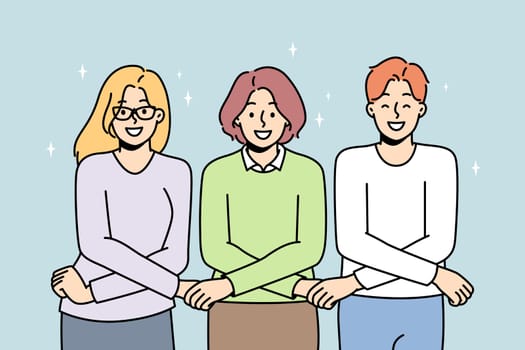 People hold each other with arms crossed in front. Synergies, mutual help, coordination, cooperation between colleagues at work. Man, women support to each other. Vector linear illustration.