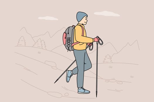 Guy with backpack, poles for Nordic walking going at nature. Man engaged in camping, tourism, travelling. Backpacking trip. Healthy, active lifestyle. Vector contour line colorful illustration.