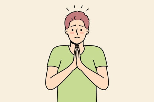 Smiling young man with hands in prayer ask for forgiveness. Male join hands feel grateful or thankful. Gratitude concept. Vector illustration.