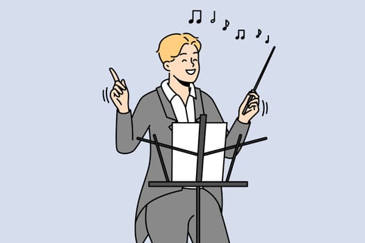 Smiling male conductor in formalwear hold baton working in concert hall. Happy man musician or artist with stick conduct performance. Vector illustration.