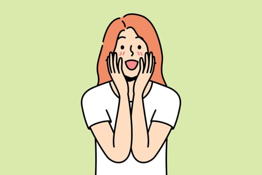 Happy young woman feel excited with good unbelievable news. Smiling girl surprised with unexpected message or notification. Vector illustration.