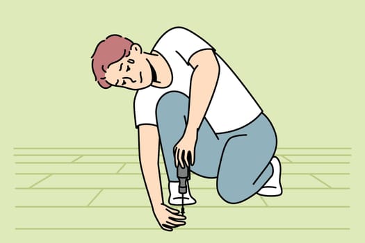 Young man with screwdriver repairing floor indoors. Exhausted male put tiles or parquet at home. Renovation and repair. Vector illustration.