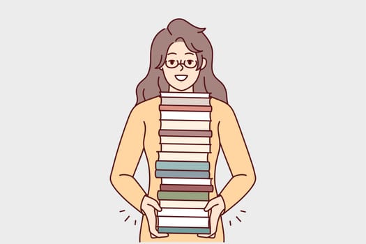 Smiling young woman in glasses with pile of books enjoy reading. Happy girl with stack of textbooks. Literature and learning. Vector illustration.