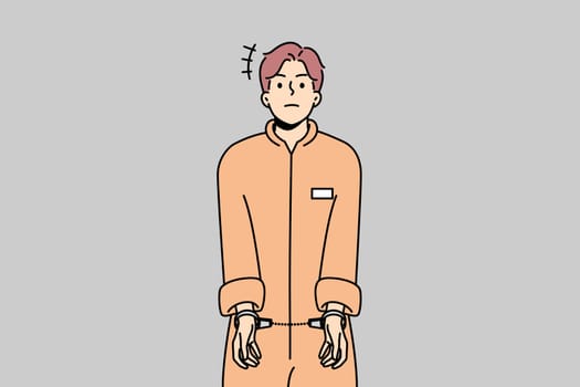 Male prisoner in robe wearing handcuffs. Unhappy man convict in uniform imprisoned. Imprisonment and jail concept. Vector illustration.