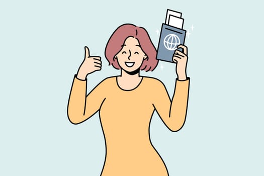 Smiling woman holding passport in hands excited about travel. Happy female traveler ready for summer vacation. Tourism concept. Vector illustration.