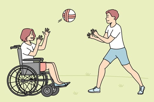 Happy boy playing ball with handicapped girl sitting in wheel chair. Smiling children have fun outdoors. Disability and impairment. Vector illustration.