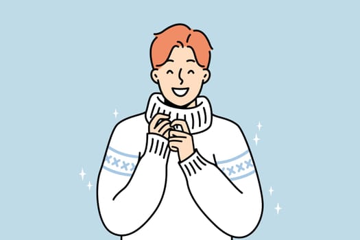 Portrait of smiling young man in knitwear. Happy millennial guy in fashionable knit sweater. Winter wear and fashion. Vector illustration.