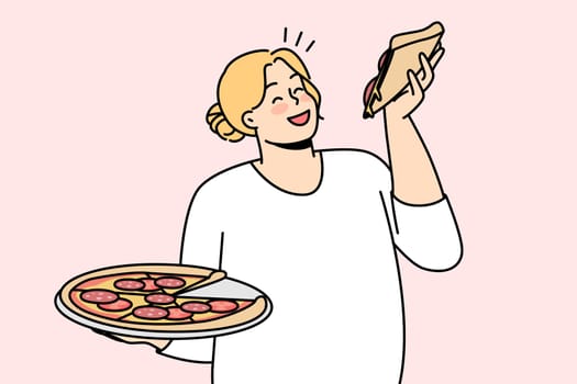 Happy overweight woman with pizza in hands enjoy fast food. Smiling fat female eating Italian food. Body positive. Vector illustration.
