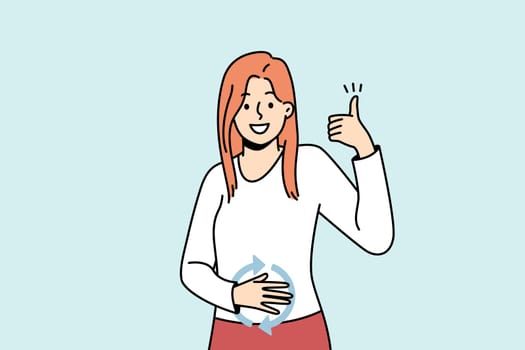 Happy girl feeling good herself after eating. Young lady has healthy digestion, holds hand on her stomach, shows like gesture. Female student has well nutrition. Vector outline illustration in color.